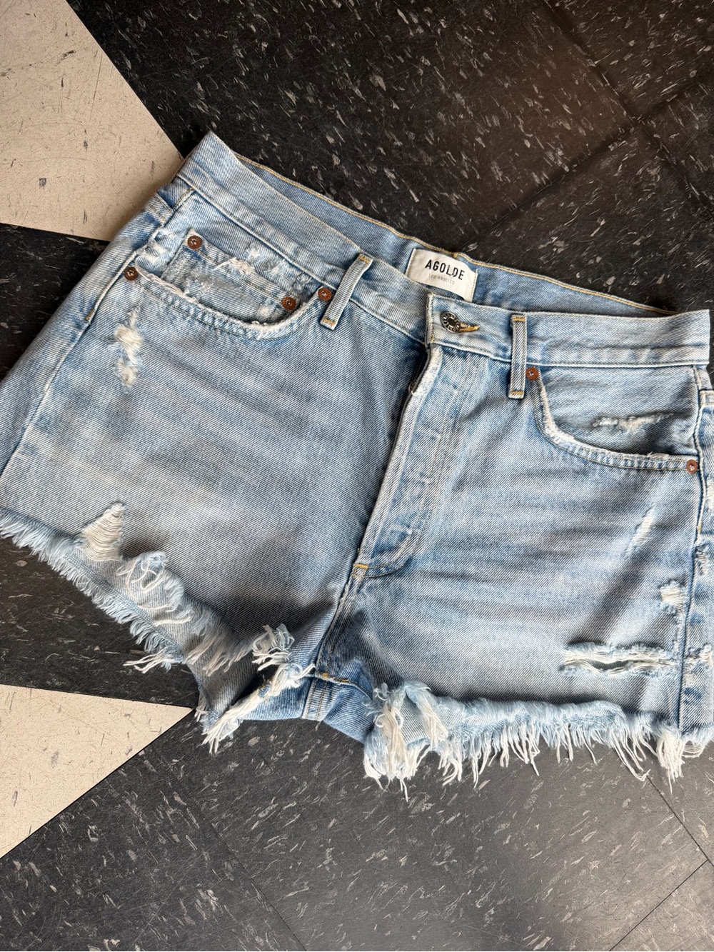 Agolde Light Wash Distressed Frayed Denim Shorts